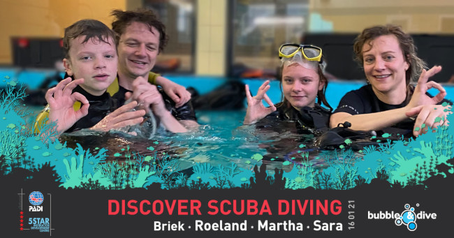 Proficiat Briek, Roeland, Martha, Sara! Discover Scuba Diving bij Bubble and Dive