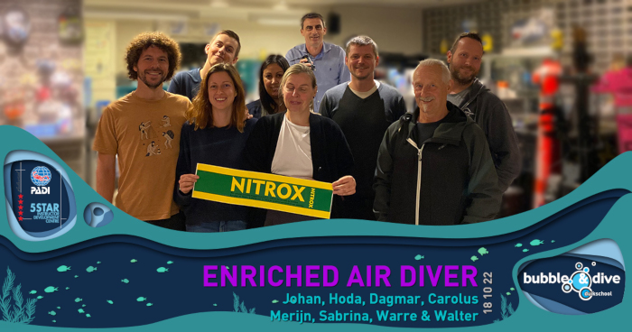 Proficiat Johan, Hoda, Dagmar, Carolus, Merijn, Sabrina, Warre en Walter! PADI Enriched Air Divers
